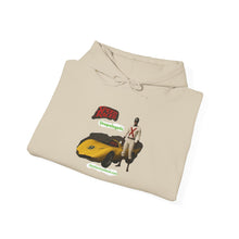 Load image into Gallery viewer, Racer Graphic Hoodie – Yellow Sports Car with Driver 'Speed Racer' Design