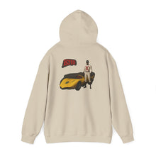 Load image into Gallery viewer, Racer Graphic Hoodie – Yellow Sports Car with Driver 'Speed Racer' Design
